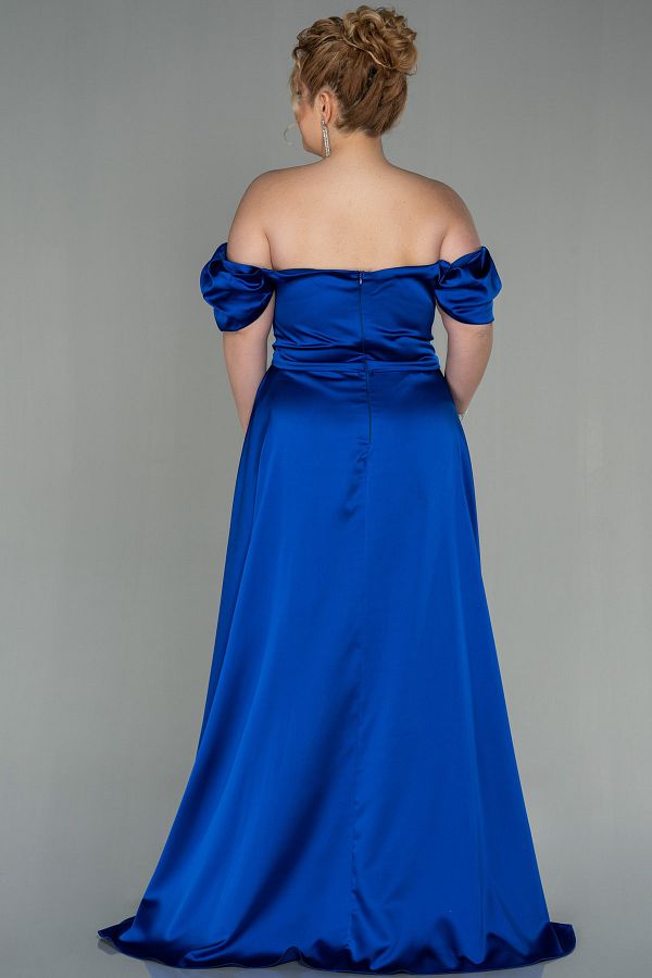 Abiyefon Saks Blue Boat Neck Long Satin Plus Size Evening Dress