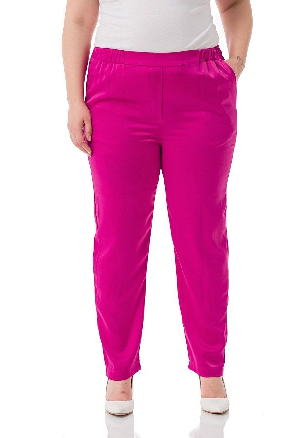 DISENTIS MODEST-Plus Size Satin Fuchsia Trousers with Elastic Side and Back Pockets 1