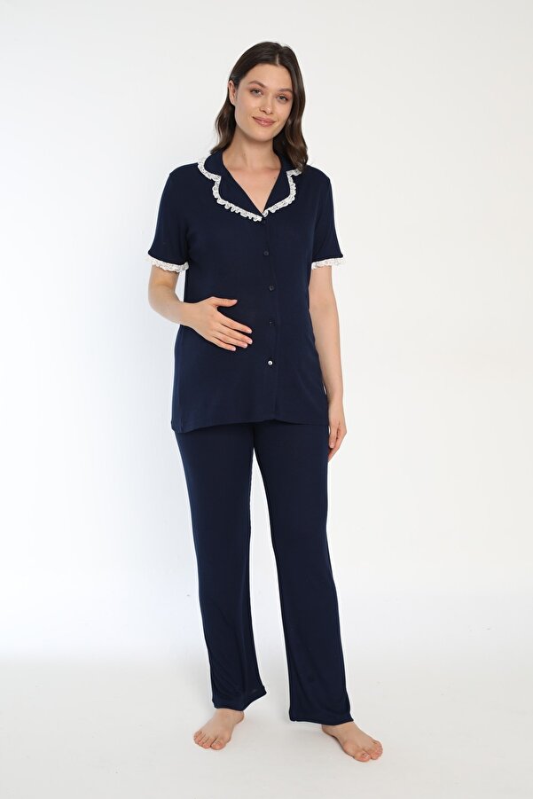 Miss Dünya Lissa Pamuk Fitilli Önden Düğmeli Lohusa Ve Hamile Pijama Takımı