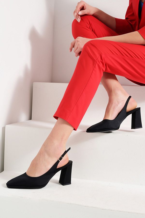 Beyond Women s Black Blunt Toe Thick Heel Ankle Tied Open Back Heels Satin Shoes 9cm Byndbs7124 Trendyol