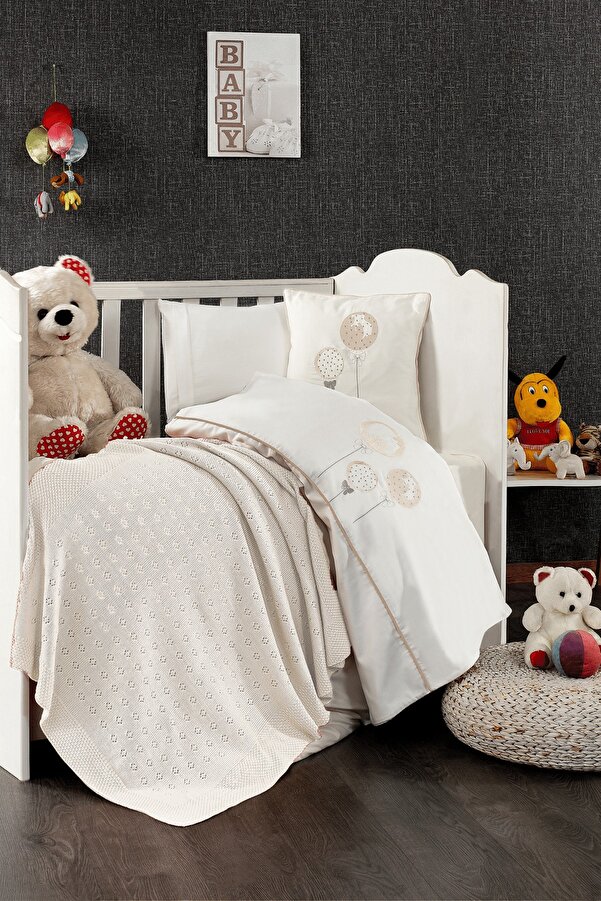 Minelya Home Collection 5 Parça Triko Battaniyeli %100 Pamuk Meva Bebek Nevresim Takımı Krem