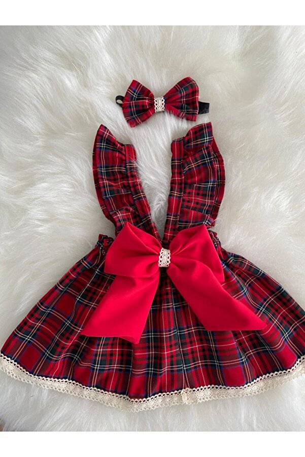 Moda Lina Kız Bebek Kırmızı Ekose Salopet Bandana Set