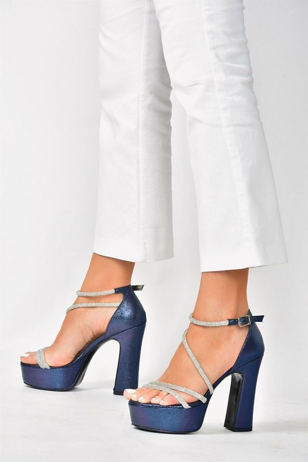 Fox Shoes Navy Blue Glitter Platform Thick Heeled Women s Evening Dress Shoes M348202614 Trendyol