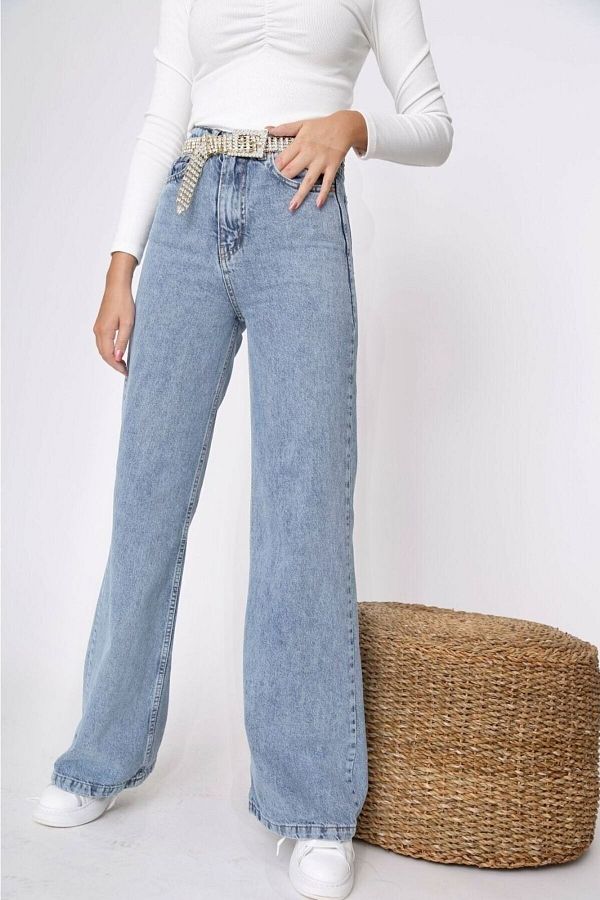 SANTA BELLA-Lady 90's Dark Blue Acid Wash Palazzo Jean Women's Wide Leg Colorfast Gathering Jeans 1