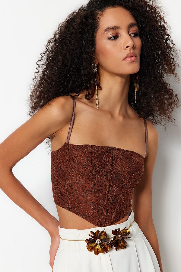 Trendyol Collection-Bustieră din dantelă tricotată - maro, detaliat corset, grafic TPRAW23BS00072 1