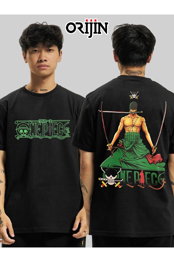 Orijin Tekstil-One Piece Roronoa Zoro Three Swords Front Back Printed Unisex Black Tshirt 1