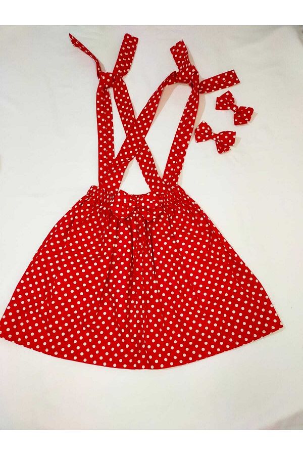 Red and white polka dot suspender skirt top