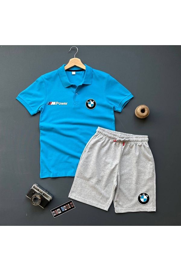 NewCabin New Season Trend Summer BMW Printed Polo Collar T shirt Shorts Combination Bottom Top Set 2 Pieces