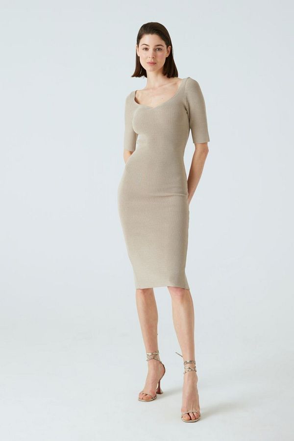 JOIN US-Half Sleeve Slit Detailed Midi Length Beige Knitwear Dress 1