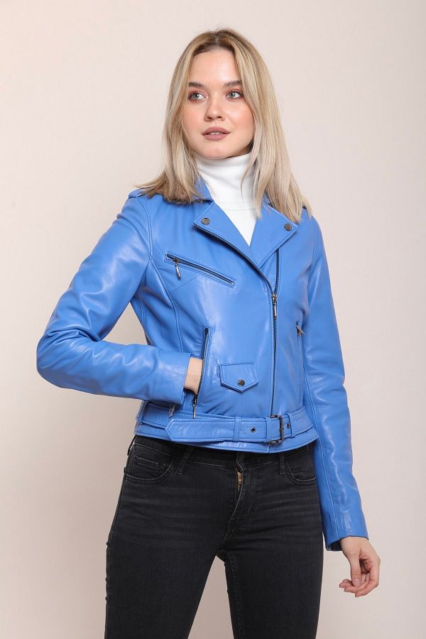 Sky blue leather jacket on sale