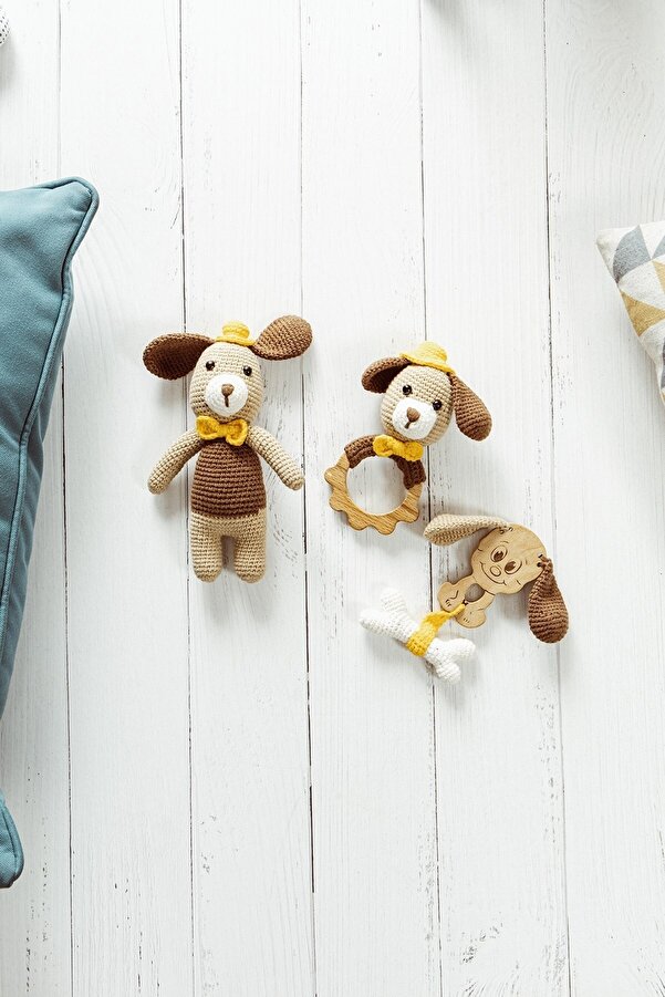 SaltanArt Sevimli Köpek Amigurumi Emzik Zinciri Çıngırak Uyku Arkadaşı Diş Kaşıyıcı Amigurumi 3'lü