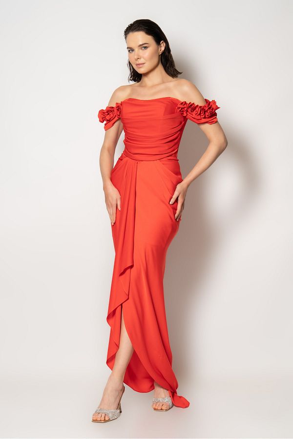 RENGIN-Strapless Sleeves Floral Embroidered Skirt Pleated Dress 1
