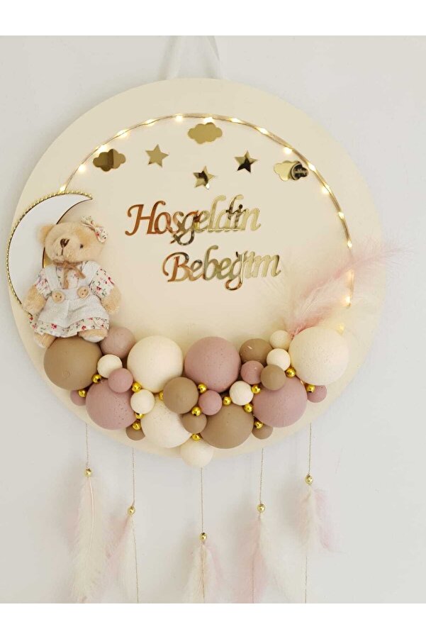 HaliseDerin Kapı Süsü Ledli Bubble Ayıcıklı Ahşap Yuvarlak Pano