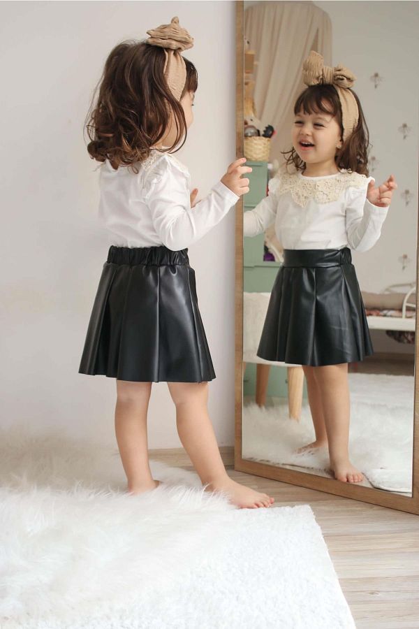 M N KO K DS Girl s Long Sleeve Collar Detailed Leather Skirt Set Trendyol