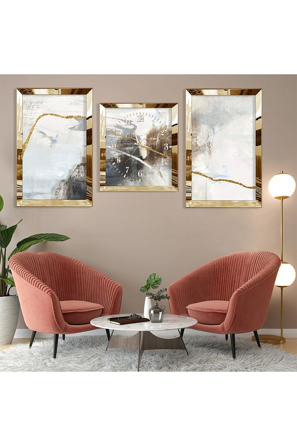 Zevahir Mobilya Dekorasyon-Abstract Pattern Gold Plexi Edge Triple Mdf Table Set and Clock Set 1