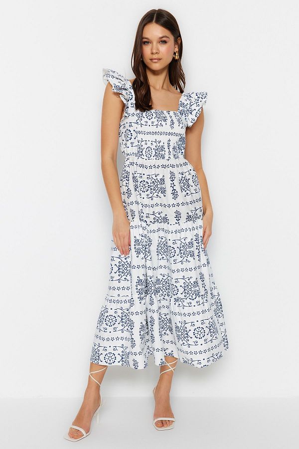 Trendyol Collection-Біла ткана сукня з квадратним вирізом TWOSS23EL01910 з етнічним візерунком TWOSS23EL01910 1