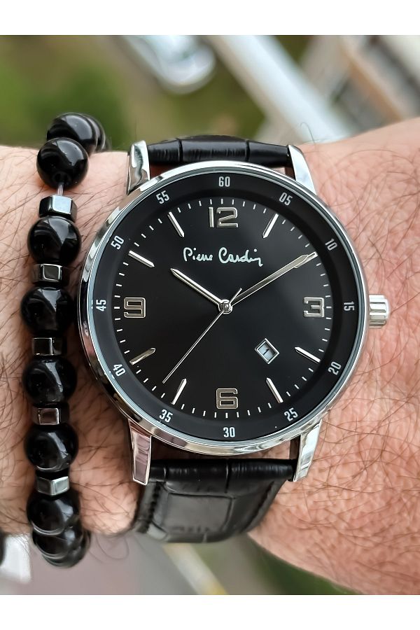 Pierre Cardin-Brand Steel Case Leather Strap Calendar Men's Wristwatch + bracelet, rosary 1