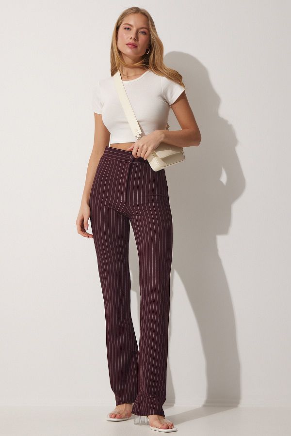 Burgundy striped trousers shop