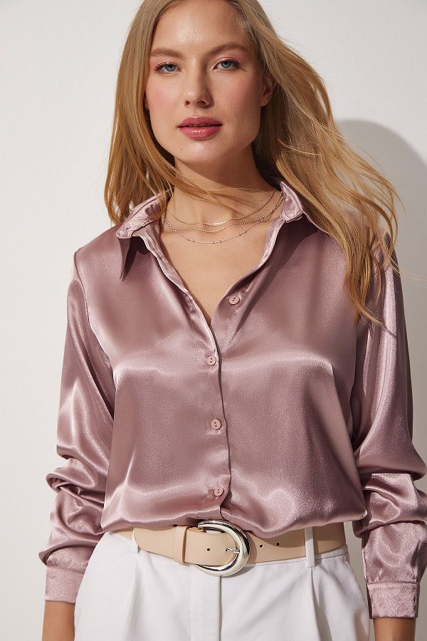 Happiness İstanbul-Women's Champagne Light Flowing Satin Surface Shirt DD00990 1