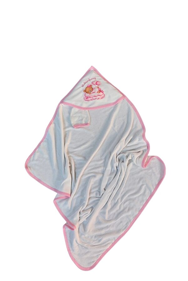 LittlePoffy Pembe Başlıklı Bebek Havlusu Yenidoğan Kapşonlu Kundak Bornoz Kız Bebek Doğal Pamuk 90x70cm