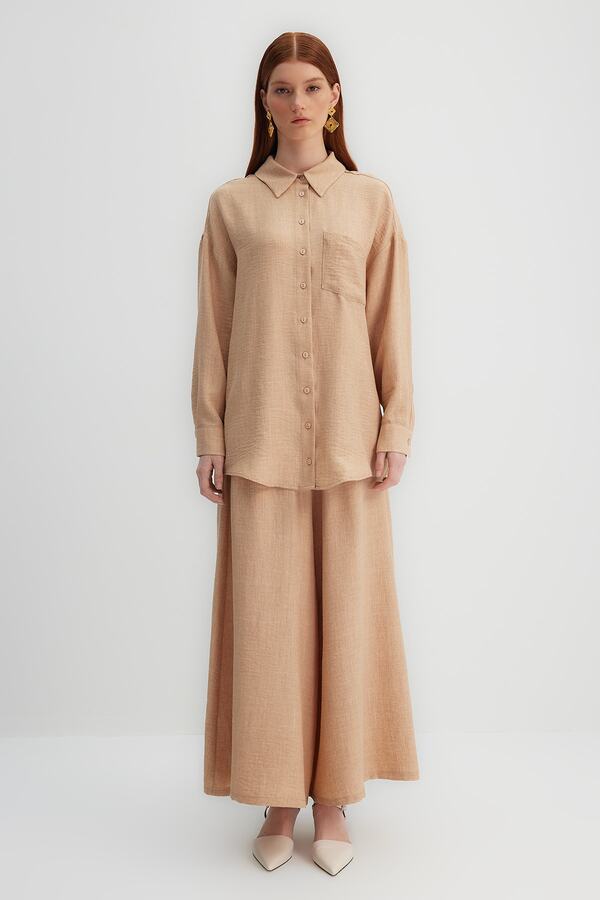 Trendyol Modest-X Kevser Sarıoglu Set cămașă-pantalon țesut Camel cu picioare largi TCLSS23US00001 1