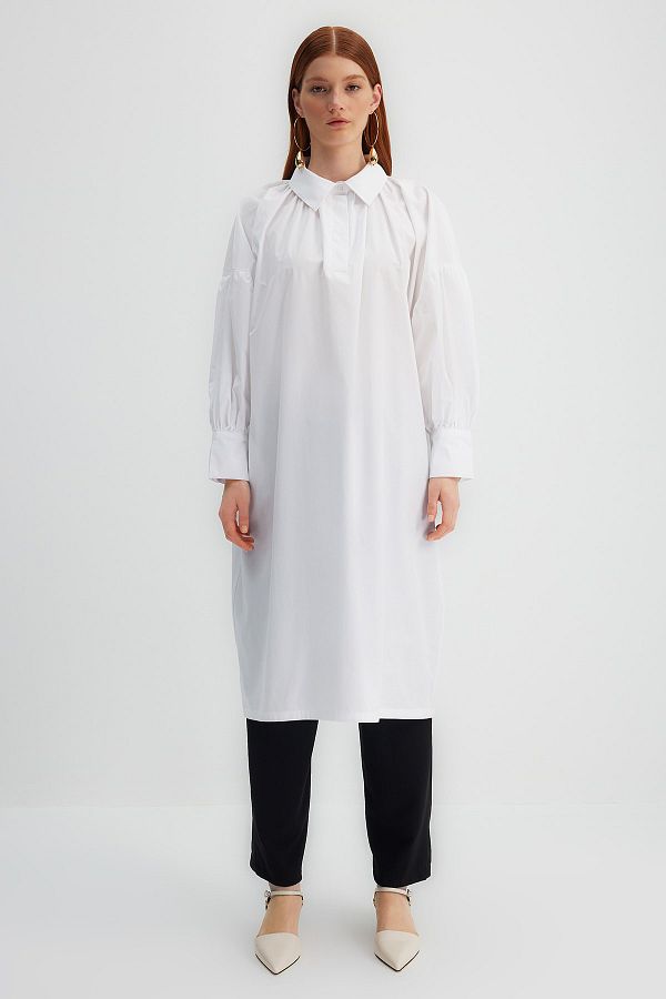 Trendyol Modest-X Kevser Sarıoglu White Half Placket Drawstring Detailed 100% Cotton Poplin Woven Tunik TCLSS23UK00002 1