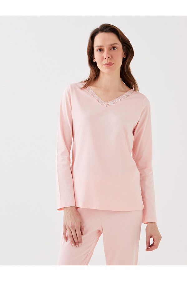 LC Waikiki-Pyjama-Set mit V-Ausschnitt und Spitzendetail für Damen 1