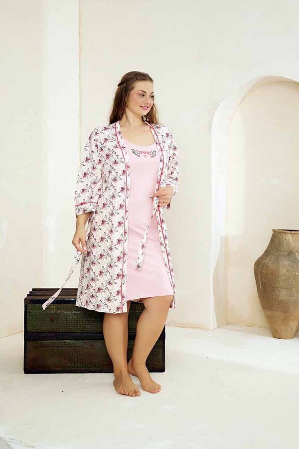 Siyah İnci-2-Piece Cotton Lycra Curve Plus Size Oversized Dressing Gown Set 1