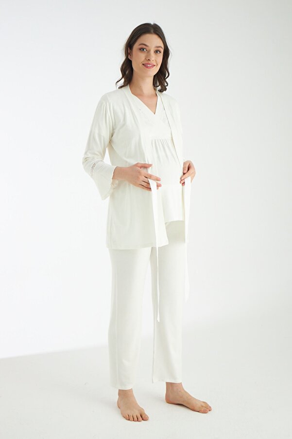 Miss Dünya Lissa Beyaz Dantel Detaylı 3lü Sabahlıklı Hamile Ve Lohusa Pijama Takımı