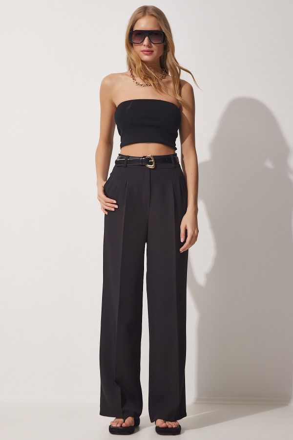 Happiness İstanbul Women's Black Wide Leg Masculine Woven Trousers