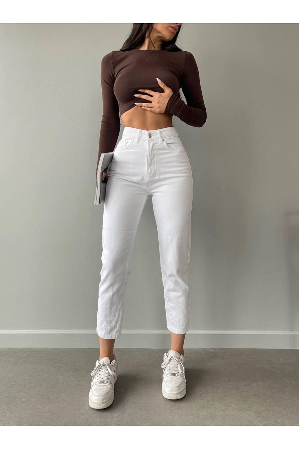 LAMİRAMOOD-White Mom White All Gold Mom Jean High Waist Stretchy Jeans No Inner Show 1
