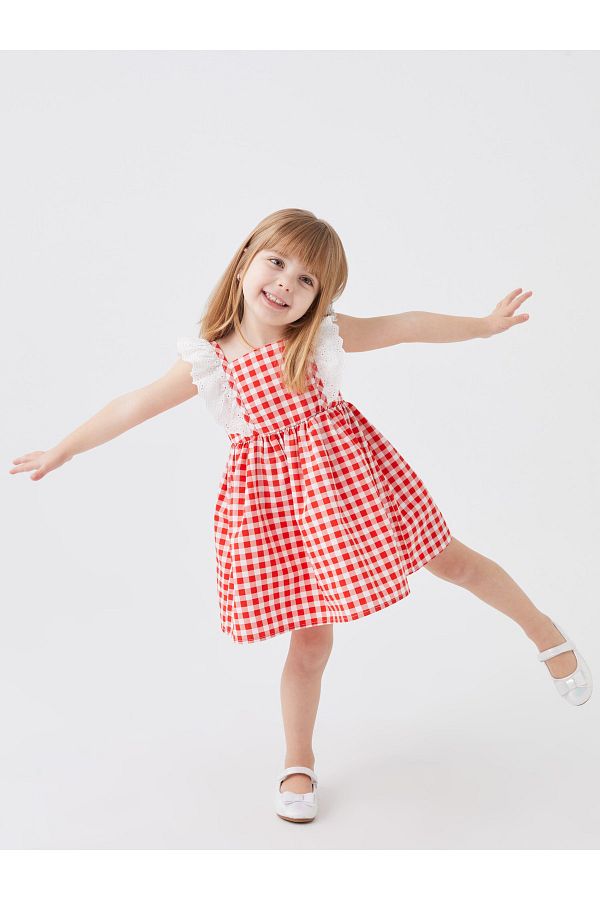 LC Waikiki Square Neck Short Sleeve Plaid Patterned Baby Girl Dress Trendyol