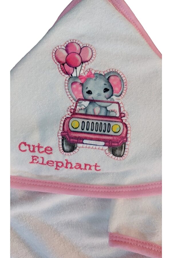 LittlePoffy Pembe Başlıklı Bebek Havlusu Yenidoğan Kapşonlu Kundak Bornoz Kız Bebek %100 Doğal Pamuk 90x70cm