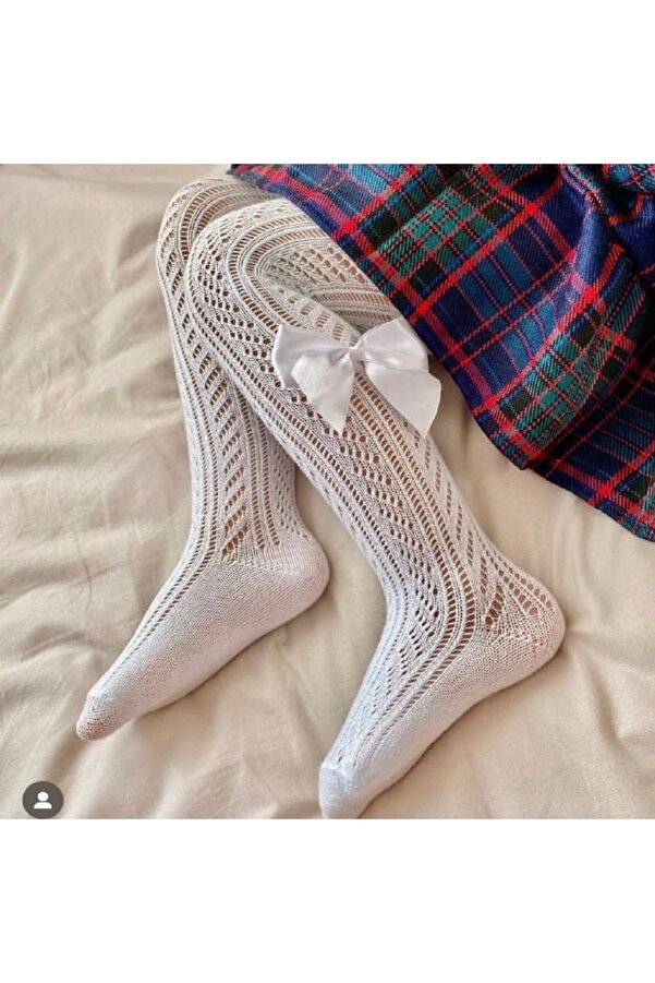 BEBEĞİME ÇORAP Kız Bebek / Kız Çocuk Fiyonklu File Külotlu Çorap - Beyaz