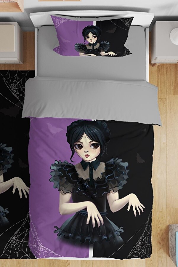 Evpanya Mor Siyah Yarasalı Wednesday Addams Desenli Tek Kişilik Bebek Çocuk Nevresim Takımı