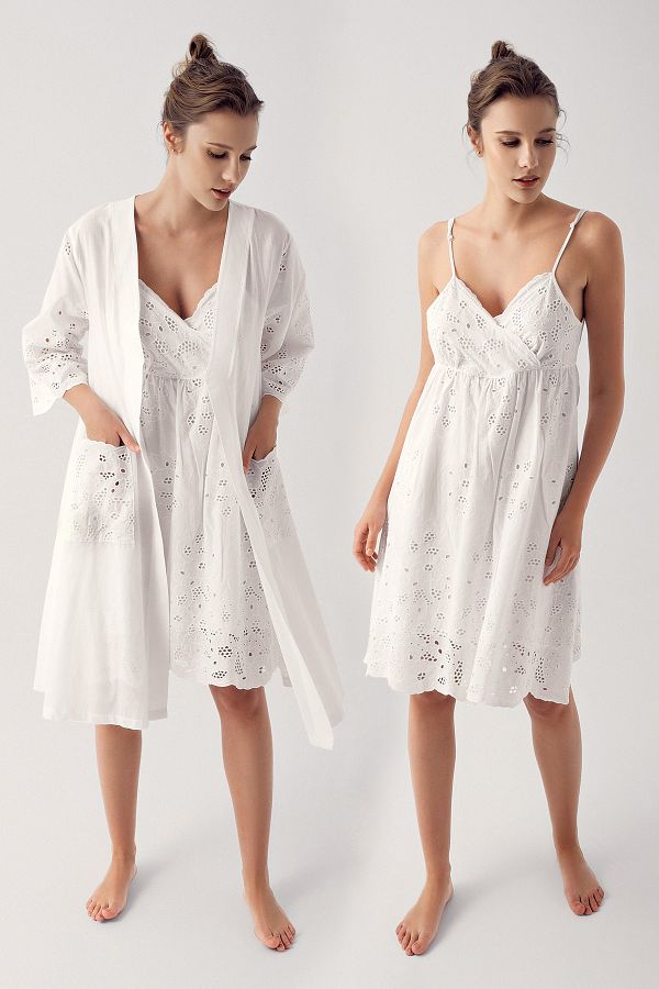 Art Woven Cotton Strappy Nightgown Dressing Gown Set 14408 Trendyol