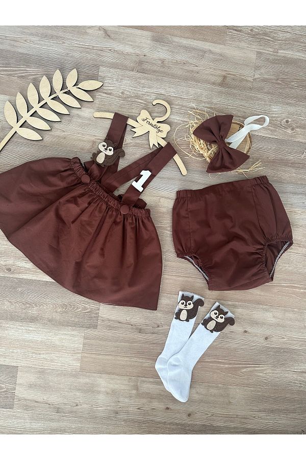 Feriatolye Baby Girl Brown Skirt Salopet Bloomer Buckle Socks Set Squirrel Concept 1 Year Old Dress Trendyol