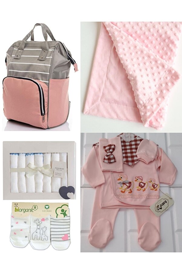 Sahra 5 Parça Sevimli Hayvanlar Bebek Çantası Ve Doğum Seti (çanta,hastane Çıkış,battaniye,mendil,çorap)