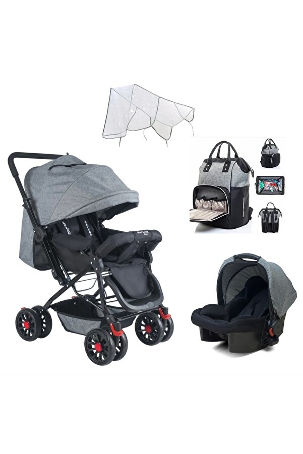 4KİDS Travel Sistem Bebek Arabası Puset Çift Yön Bebek Arabası Yağmurluk Hediye Gri