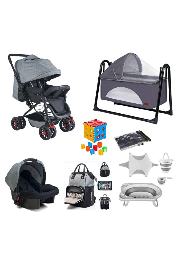 4KİDS Bebek Çeyiz Seti 10parça Çift Yön Bebek Arabası Sallanır Beşik Katlanır Küvet Seti Puset Bebek Bakım