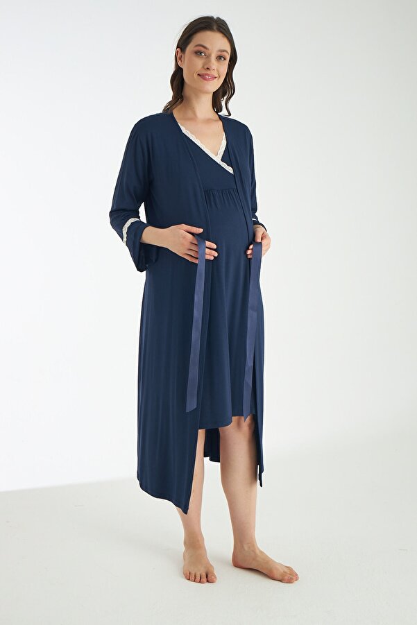 Miss Dünya Lissa Lacivert Dantel Detaylı Hamile Ve Lohusa Gecelik Takımı