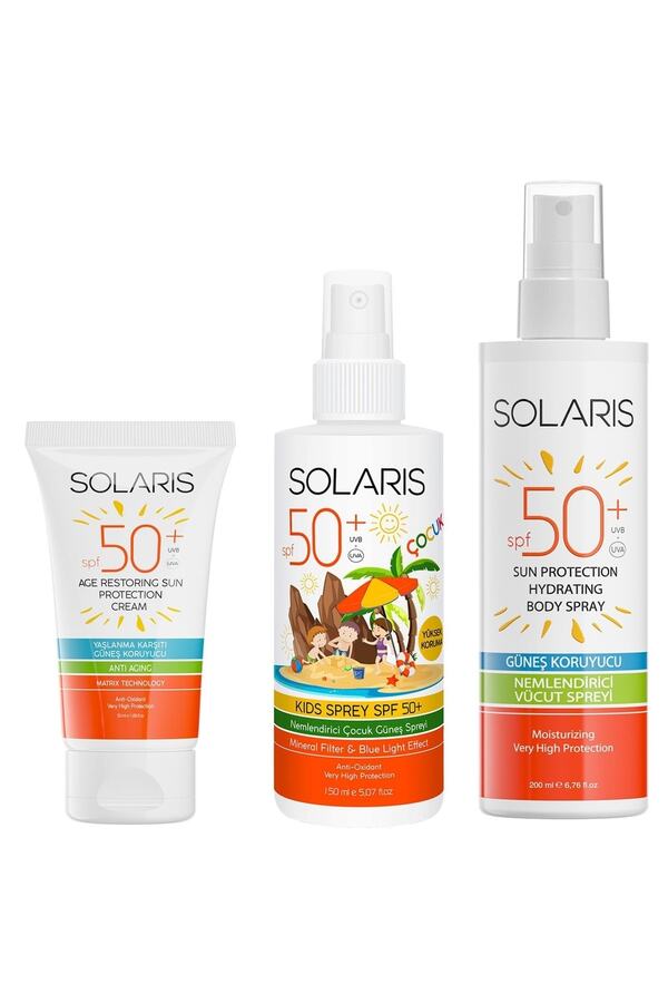 SOLARIS Güneş Kremi Yaşlanma Karşıtı Spf 50 Ve Çocuk Güneş Kremi Sprey Spf 50 Ve Güneş Koruyucu Krem Sprey