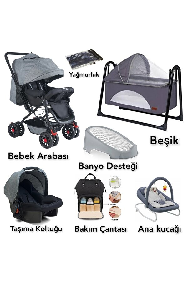 4KİDS Bebek Çeyiz Seti 7parça Çift Yön Bebek Arabası Beşik Anakucağı Puset Bebek Banyo Bebek Bakım Çantası