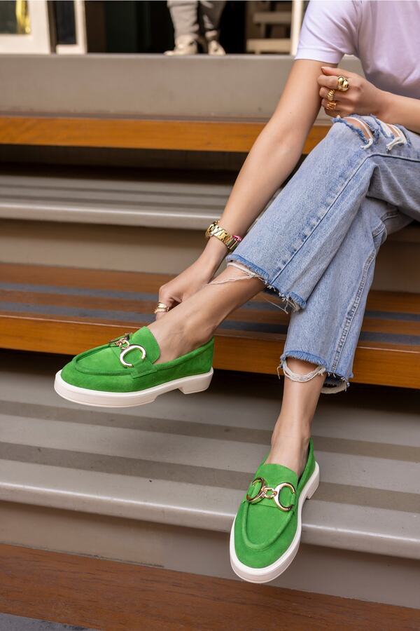 ANGELİNA JONES Granda Women's Green Genuine Leather Suede Loafers