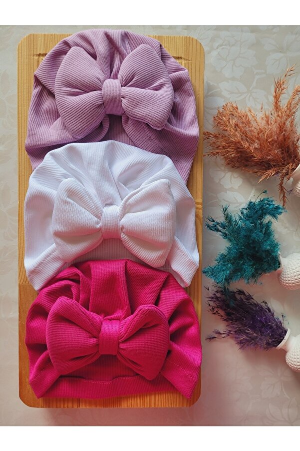 SeherBebeButik Kız Bebek & Çocuk Renkli Fiyonk Bone 3'lü Set