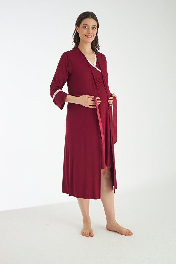 Miss Dünya Lissa Koyu Bordo Dantel Detaylı Hamile Ve Lohusa Gecelik Takımı