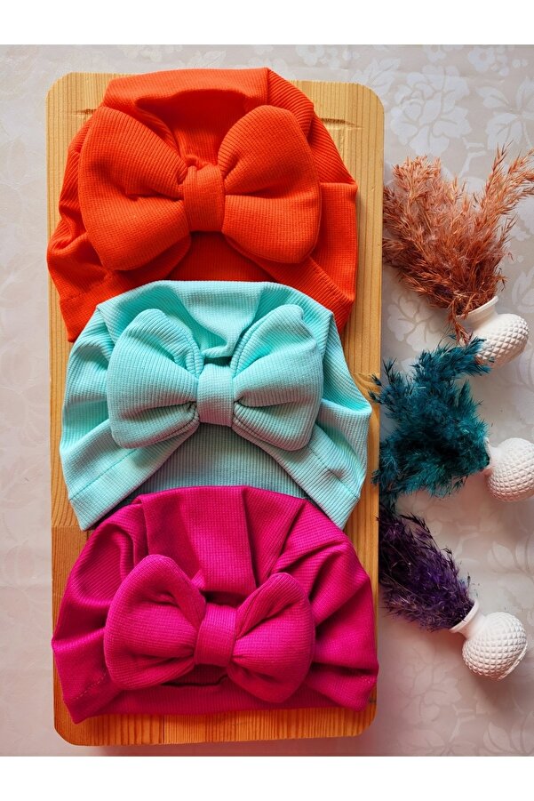 SeherBebeButik Kız Bebek & Çocuk Renkli Fiyonk Bone 3'lü Set