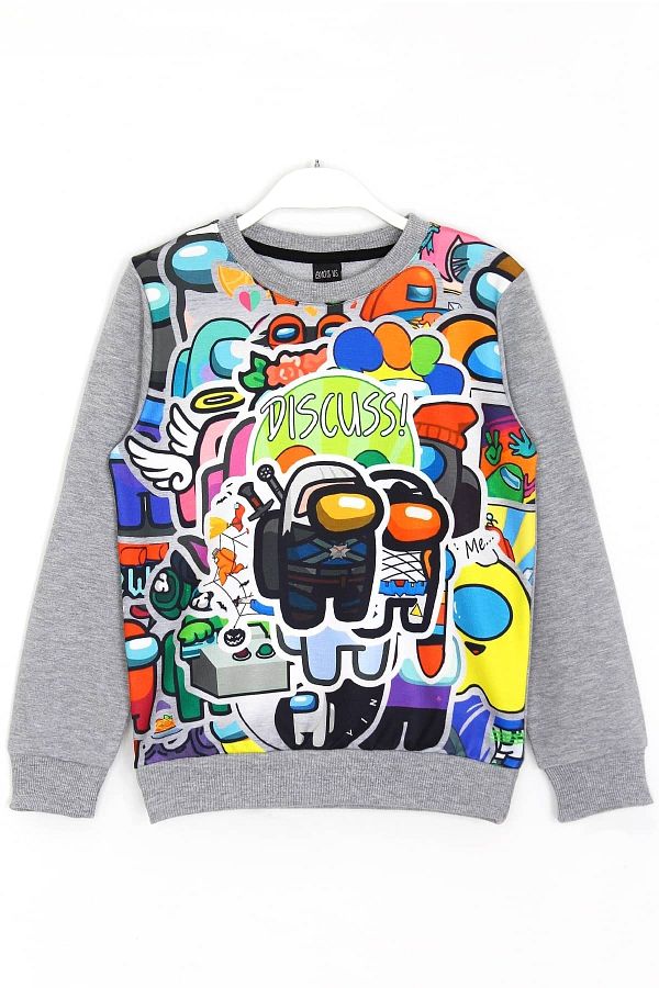 AMONG US Boy Gray 3D Digital Print Sweatshirt Trendyol