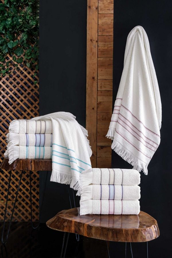 Tertio-Set de prosoape din 2 piese, 100% bumbac, bordură turcoaz cu dungi (50x100 + 70x140) 1