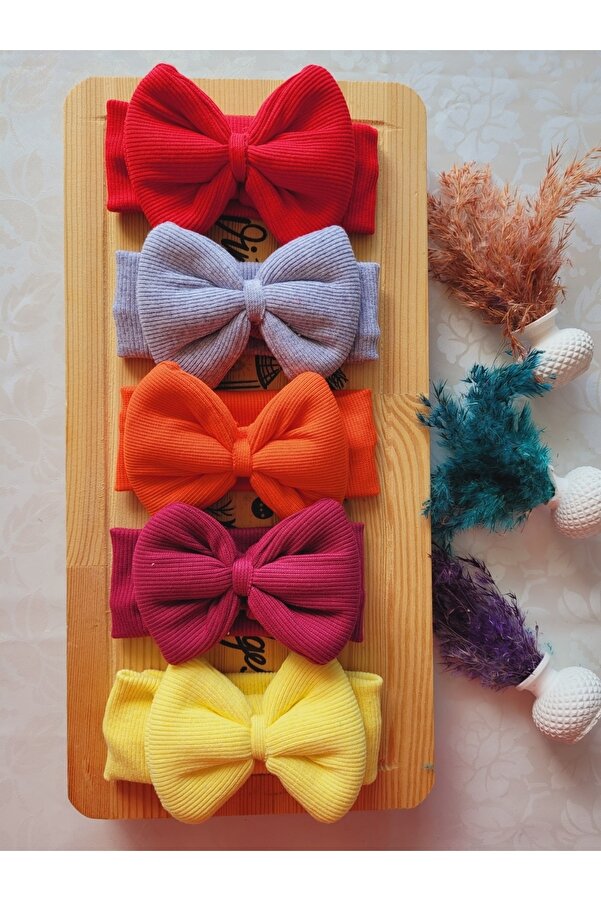 SeherBebeButik Kız Çocuk & Bebek Kaşkorse Fiyonklu Bandana 5'li Set